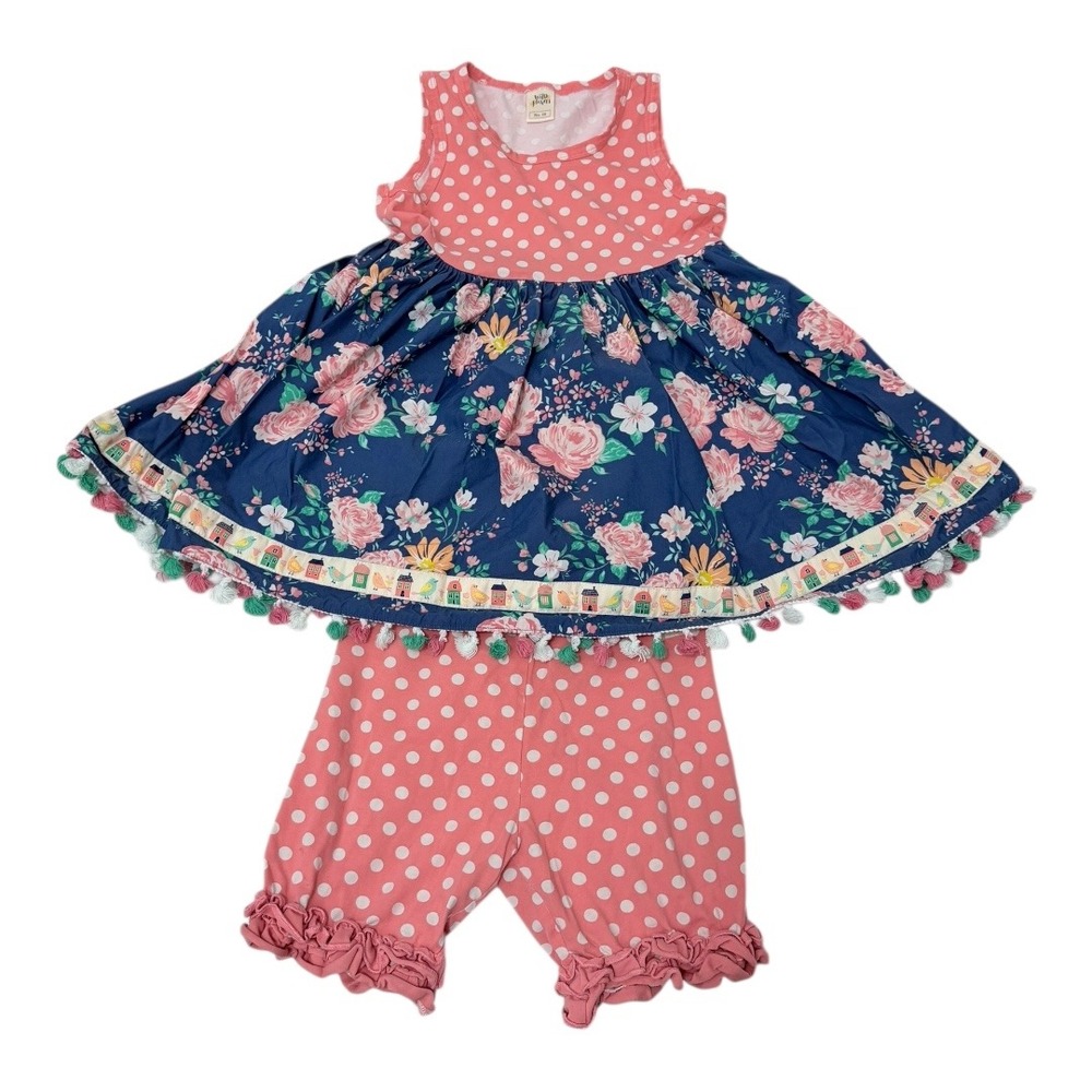 Cottagecore Wild Flowers Dress Set Size 10 Pink Polka Dot Floral Tassel Ruffle